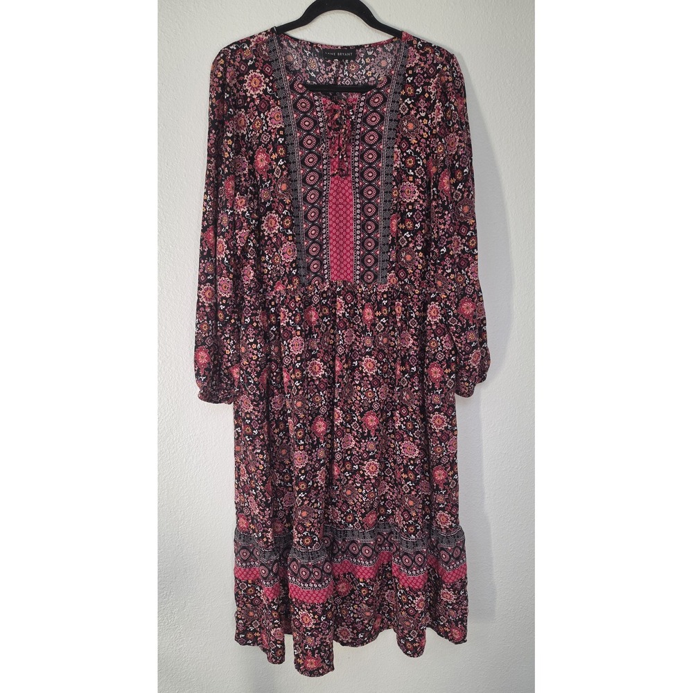 Lane Bryant Maxi Dress Black Floral Paisley Long Sleeve Boho Hippie